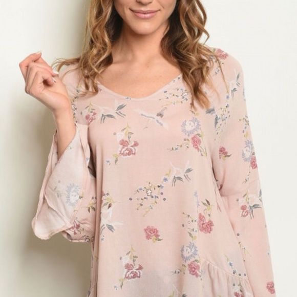 Floral & bird print bell sleeve top - Picture 2 of 2
